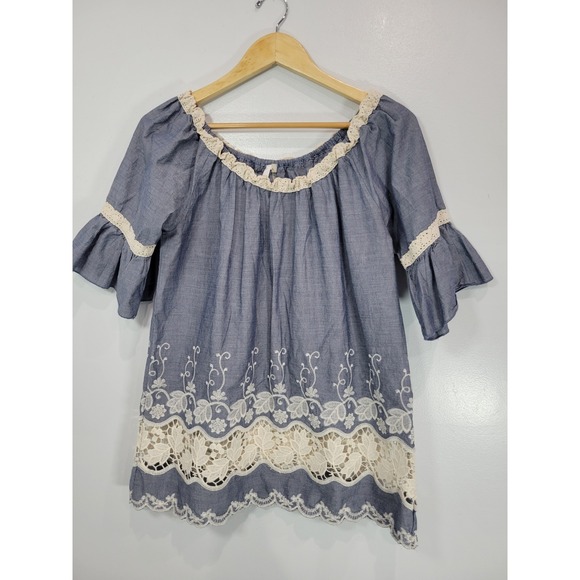 Kaktus Tops - Kaktus Womens Off Shoulder‎ Bell Sleeve Embroidered Lace Trim Tunic Top L Cotton